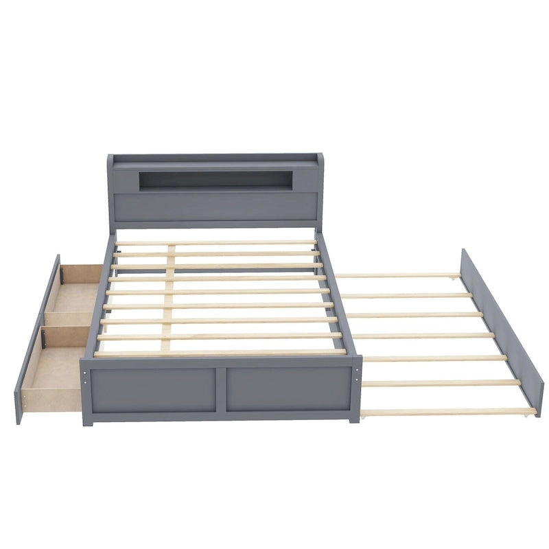 Letto a piattaforma Queen Size con luci a LED e letto estraibile, Struttura letto in legno con mensola testiera e 2 cassetti per bambini, ragazzi, adulti