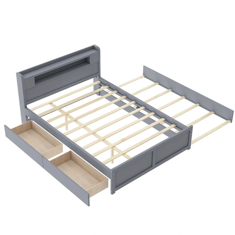 Letto a piattaforma Queen Size con luci a LED e letto estraibile, Struttura letto in legno con mensola testiera e 2 cassetti per bambini, ragazzi, adulti