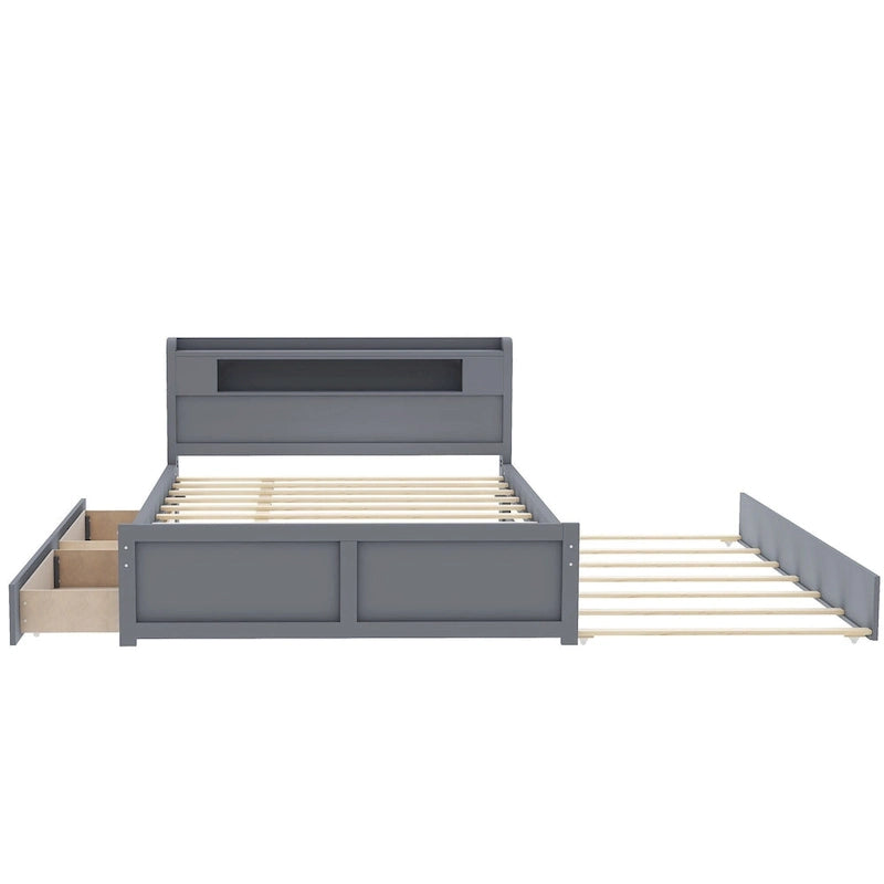 Letto a piattaforma Queen Size con luci a LED e letto estraibile, Struttura letto in legno con mensola testiera e 2 cassetti per bambini, ragazzi, adulti
