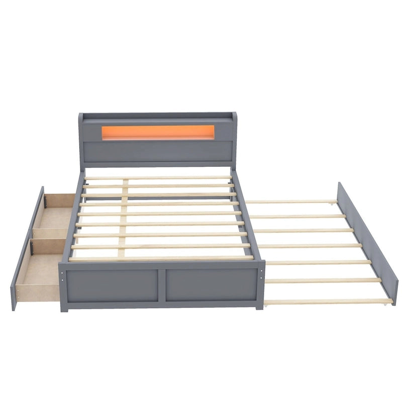 Letto a piattaforma Queen Size con luci a LED e letto estraibile, Struttura letto in legno con mensola testiera e 2 cassetti per bambini, ragazzi, adulti