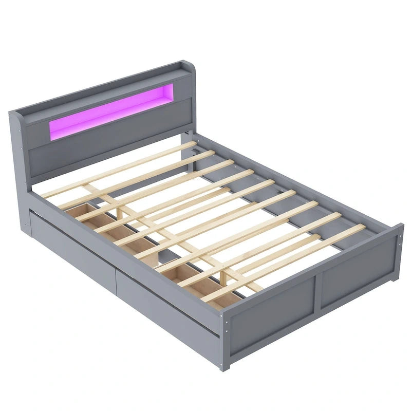 Letto a piattaforma Queen Size con luci a LED e letto estraibile, Struttura letto in legno con mensola testiera e 2 cassetti per bambini, ragazzi, adulti