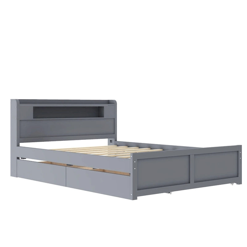 Letto a piattaforma Queen Size con luci a LED e letto estraibile, Struttura letto in legno con mensola testiera e 2 cassetti per bambini, ragazzi, adulti
