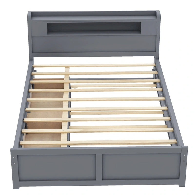 Letto a piattaforma Queen Size con luci a LED e letto estraibile, Struttura letto in legno con mensola testiera e 2 cassetti per bambini, ragazzi, adulti
