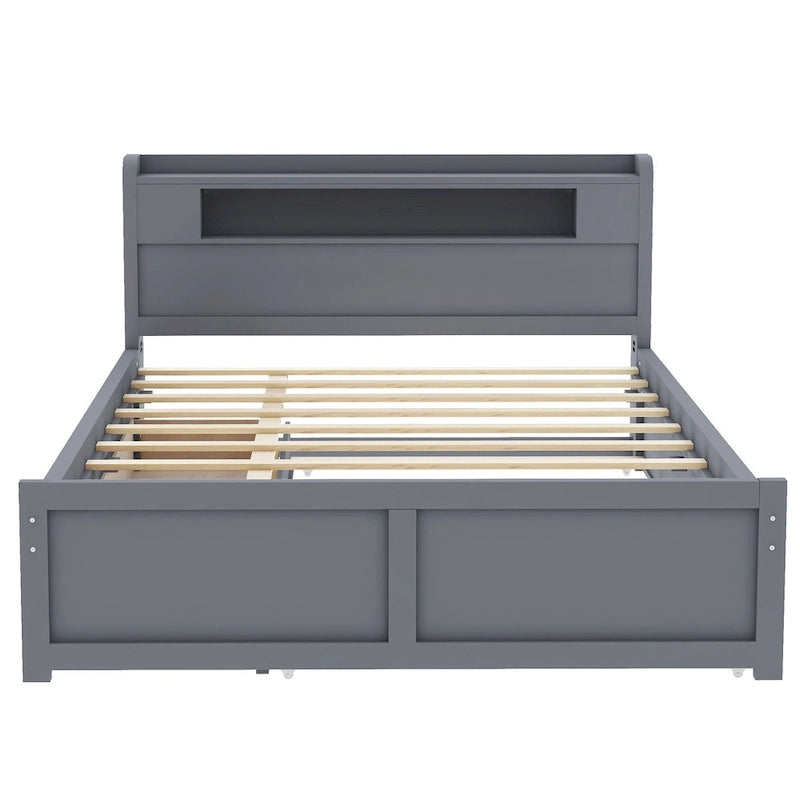 Letto a piattaforma Queen Size con luci a LED e letto estraibile, Struttura letto in legno con mensola testiera e 2 cassetti per bambini, ragazzi, adulti