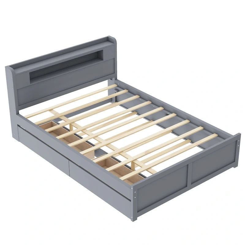 Letto a piattaforma Queen Size con luci a LED e letto estraibile, Struttura letto in legno con mensola testiera e 2 cassetti per bambini, ragazzi, adulti