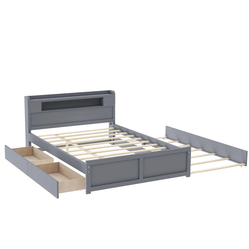 Letto a piattaforma Queen Size con luci a LED e letto estraibile, Struttura letto in legno con mensola testiera e 2 cassetti per bambini, ragazzi, adulti