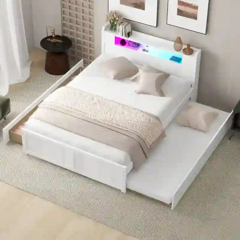 Letto a piattaforma Queen Size con luci a LED e letto estraibile, Struttura letto in legno con mensola testiera e 2 cassetti per bambini, ragazzi, adulti