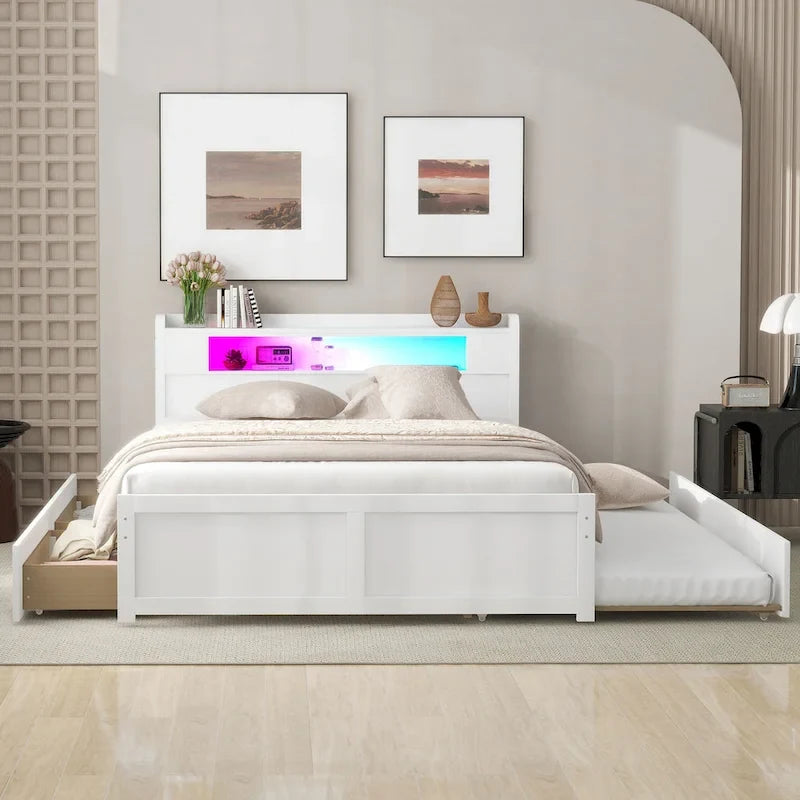 Letto a piattaforma Queen Size con luci a LED e letto estraibile, Struttura letto in legno con mensola testiera e 2 cassetti per bambini, ragazzi, adulti