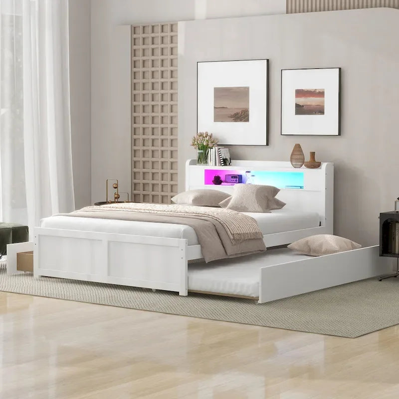 Letto a piattaforma Queen Size con luci a LED e letto estraibile, Struttura letto in legno con mensola testiera e 2 cassetti per bambini, ragazzi, adulti