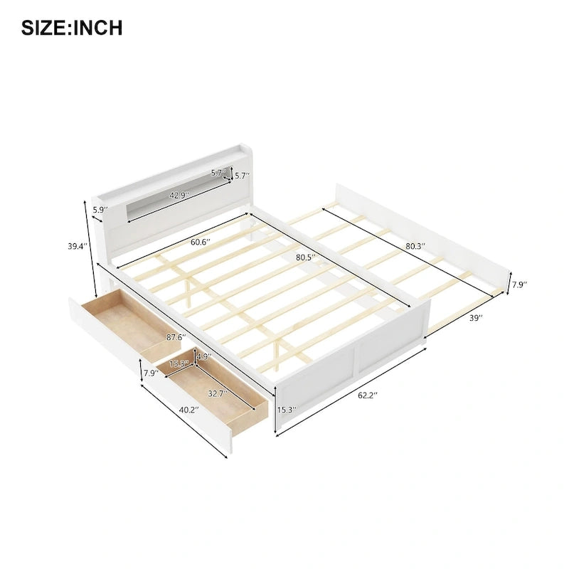 Letto a piattaforma Queen Size con luci a LED e letto estraibile, Struttura letto in legno con mensola testiera e 2 cassetti per bambini, ragazzi, adulti