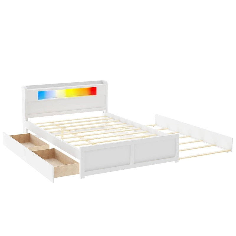 Letto a piattaforma Queen Size con luci a LED e letto estraibile, Struttura letto in legno con mensola testiera e 2 cassetti per bambini, ragazzi, adulti