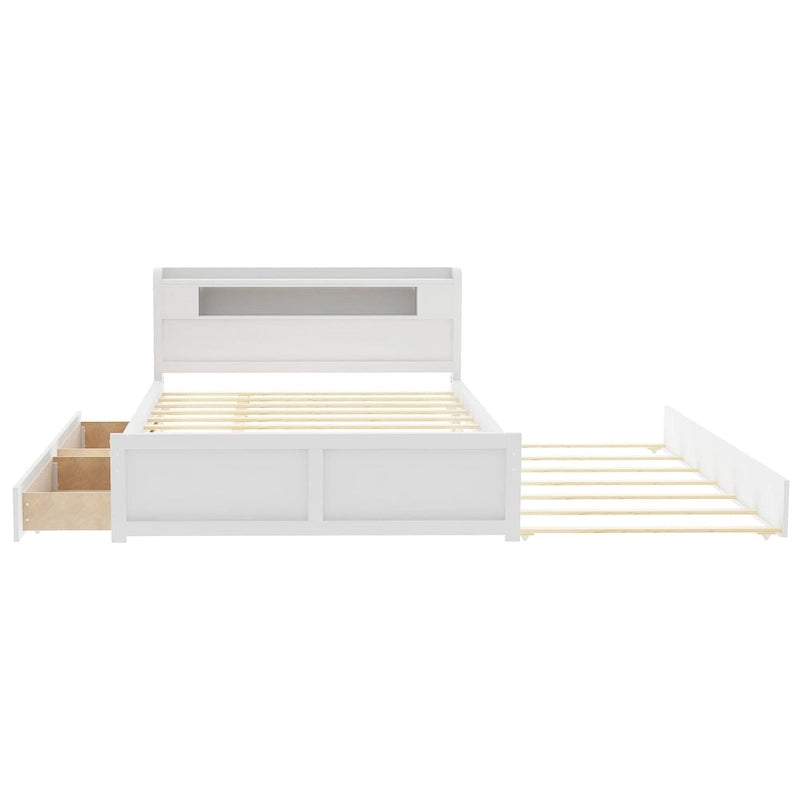 Letto a piattaforma Queen Size con luci a LED e letto estraibile, Struttura letto in legno con mensola testiera e 2 cassetti per bambini, ragazzi, adulti