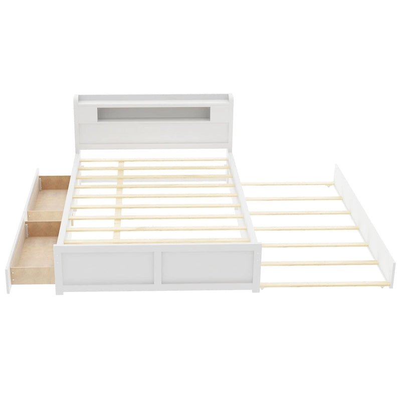 Letto a piattaforma Queen Size con luci a LED e letto estraibile, Struttura letto in legno con mensola testiera e 2 cassetti per bambini, ragazzi, adulti