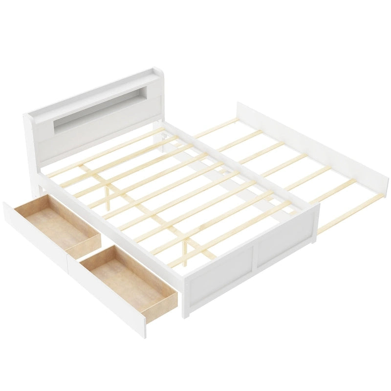 Letto a piattaforma Queen Size con luci a LED e letto estraibile, Struttura letto in legno con mensola testiera e 2 cassetti per bambini, ragazzi, adulti