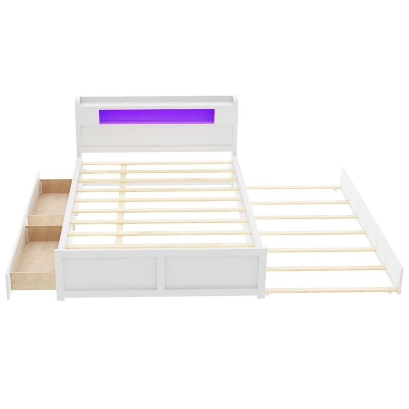 Letto a piattaforma Queen Size con luci a LED e letto estraibile, Struttura letto in legno con mensola testiera e 2 cassetti per bambini, ragazzi, adulti