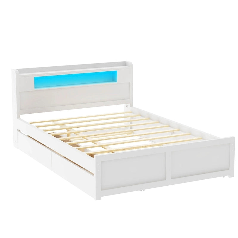 Letto a piattaforma Queen Size con luci a LED e letto estraibile, Struttura letto in legno con mensola testiera e 2 cassetti per bambini, ragazzi, adulti