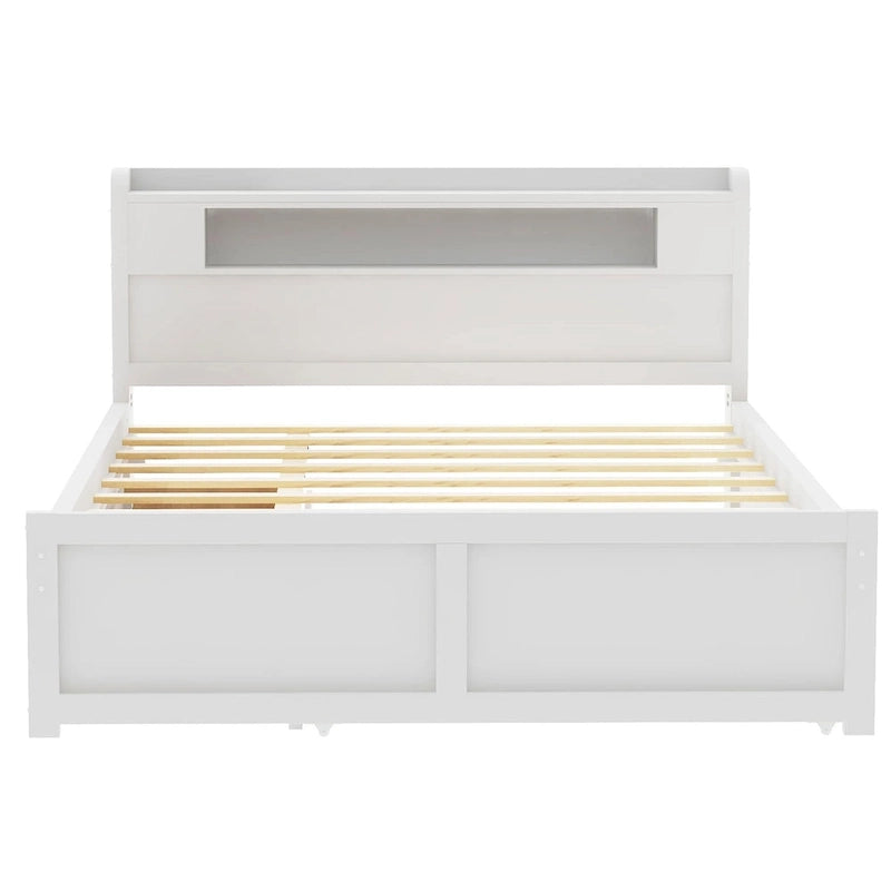 Letto a piattaforma Queen Size con luci a LED e letto estraibile, Struttura letto in legno con mensola testiera e 2 cassetti per bambini, ragazzi, adulti