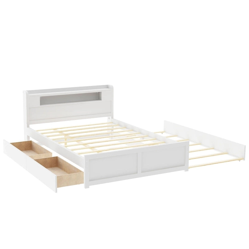 Letto a piattaforma Queen Size con luci a LED e letto estraibile, Struttura letto in legno con mensola testiera e 2 cassetti per bambini, ragazzi, adulti