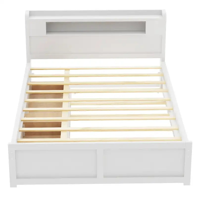 Letto a piattaforma Queen Size con luci a LED e letto estraibile, Struttura letto in legno con mensola testiera e 2 cassetti per bambini, ragazzi, adulti