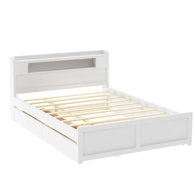 Letto a piattaforma Queen Size con luci a LED e letto estraibile, Struttura letto in legno con mensola testiera e 2 cassetti per bambini, ragazzi, adulti