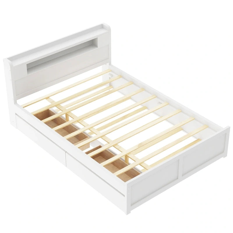 Letto a piattaforma Queen Size con luci a LED e letto estraibile, Struttura letto in legno con mensola testiera e 2 cassetti per bambini, ragazzi, adulti