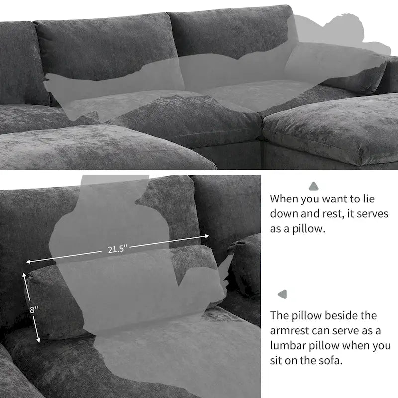 Divano componibile a "U" con tasche portaoggetti, cuscini, pouf