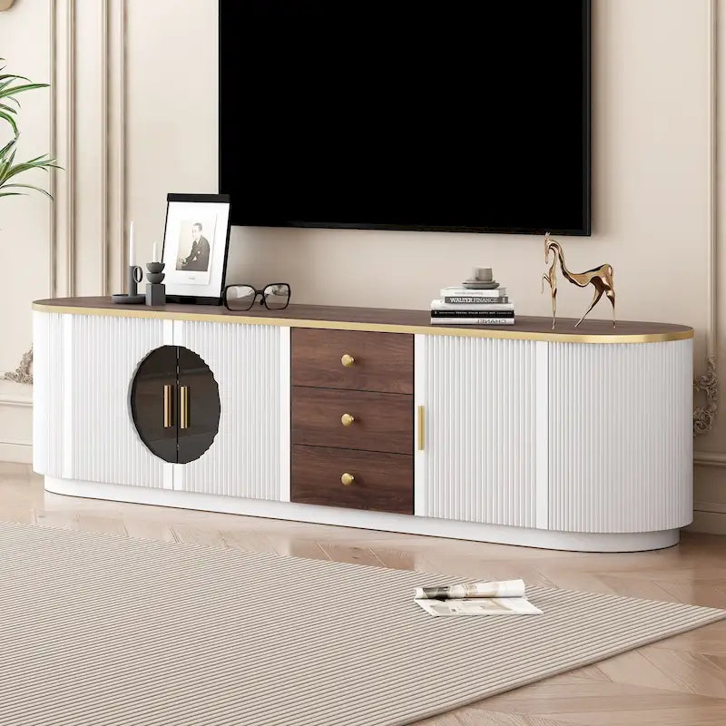 Mobile TV curvo a terra da 70,8 pollici con 3 cassetti, armadietto TV decorativo a 3 ante per TV fino a 80 pollici, tavolo consolle multimediale
