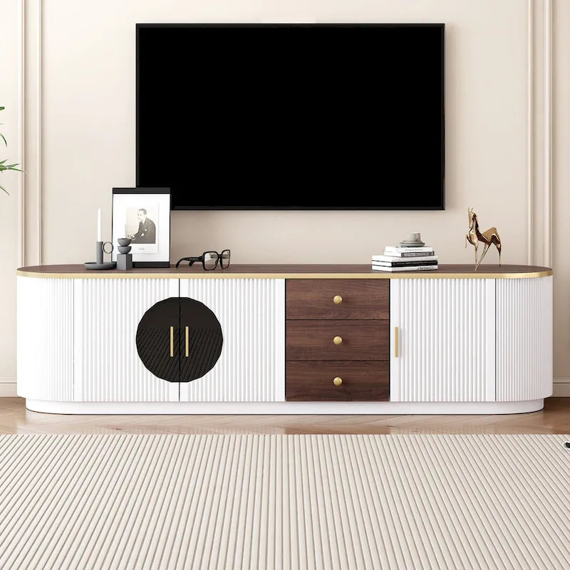 Mobile TV curvo a terra da 70,8 pollici con 3 cassetti, armadietto TV decorativo a 3 ante per TV fino a 80 pollici, tavolo consolle multimediale