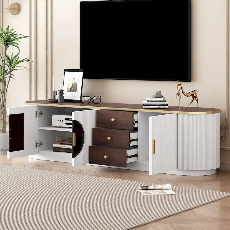 Mobile TV curvo a terra da 70,8 pollici con 3 cassetti, armadietto TV decorativo a 3 ante per TV fino a 80 pollici, tavolo consolle multimediale