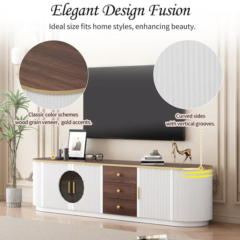 Mobile TV curvo a terra da 70,8 pollici con 3 cassetti, armadietto TV decorativo a 3 ante per TV fino a 80 pollici, tavolo consolle multimediale