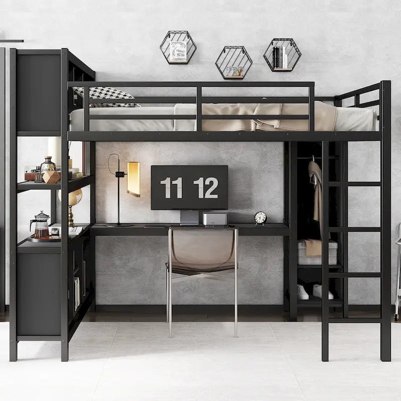 Letto a soppalco in metallo all-in-one con scrivania a L e armadio, struttura letto da camera con cubi portaoggetti, ripiani, spondine a tutta lunghezza