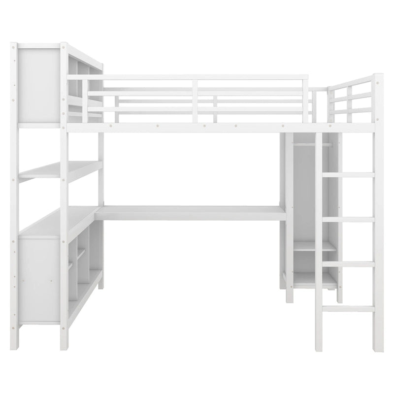 Letto a soppalco in metallo all-in-one con scrivania a L e armadio, struttura letto da camera con cubi portaoggetti, ripiani, spondine a tutta lunghezza