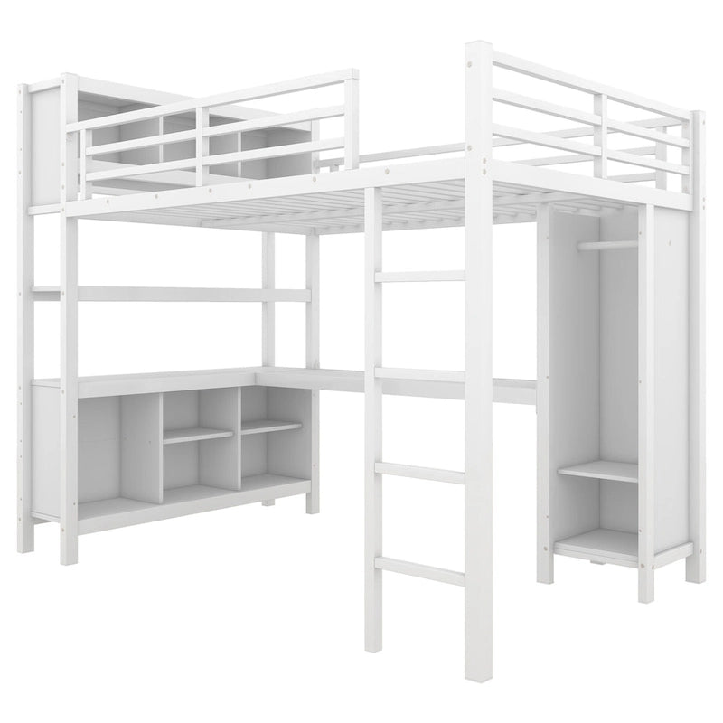 Letto a soppalco in metallo all-in-one con scrivania a L e armadio, struttura letto da camera con cubi portaoggetti, ripiani, spondine a tutta lunghezza