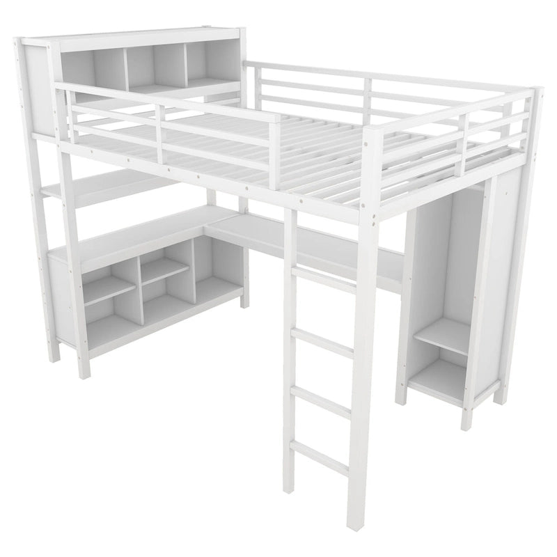 Letto a soppalco in metallo all-in-one con scrivania a L e armadio, struttura letto da camera con cubi portaoggetti, ripiani, spondine a tutta lunghezza
