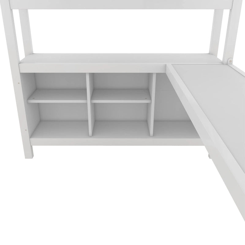 Letto a soppalco in metallo all-in-one con scrivania a L e armadio, struttura letto da camera con cubi portaoggetti, ripiani, spondine a tutta lunghezza