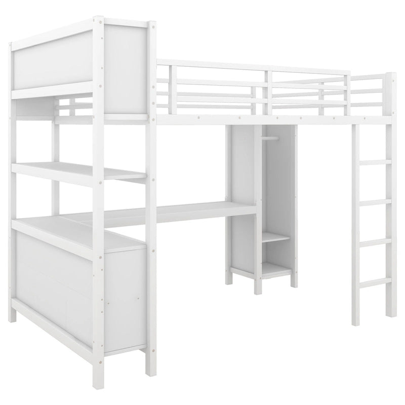 Letto a soppalco in metallo all-in-one con scrivania a L e armadio, struttura letto da camera con cubi portaoggetti, ripiani, spondine a tutta lunghezza