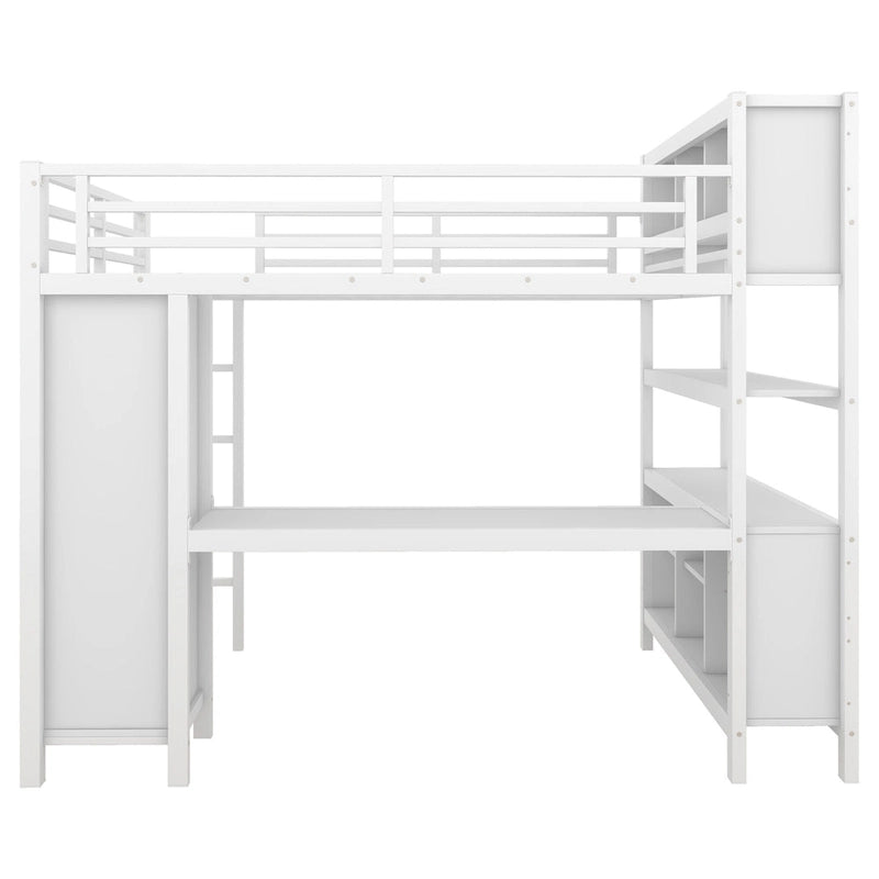 Letto a soppalco in metallo all-in-one con scrivania a L e armadio, struttura letto da camera con cubi portaoggetti, ripiani, spondine a tutta lunghezza