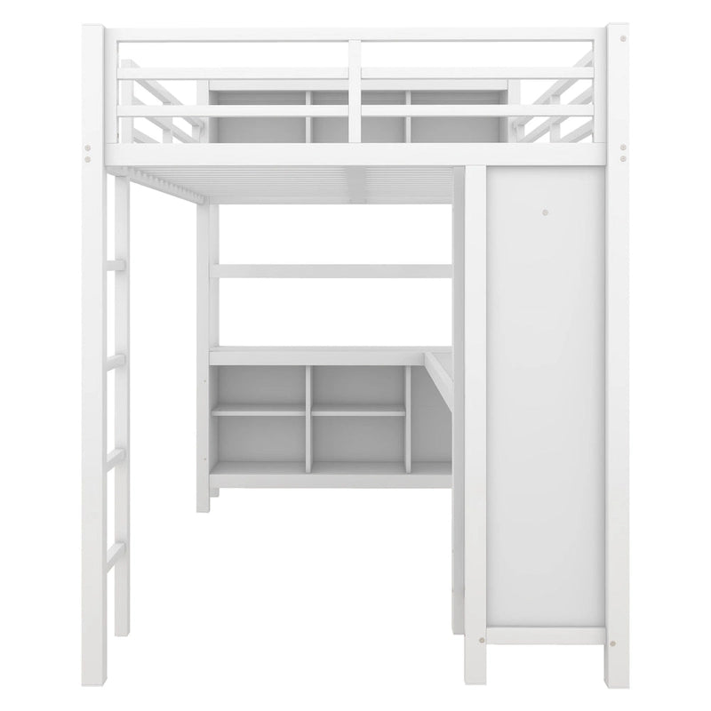 Letto a soppalco in metallo all-in-one con scrivania a L e armadio, struttura letto da camera con cubi portaoggetti, ripiani, spondine a tutta lunghezza