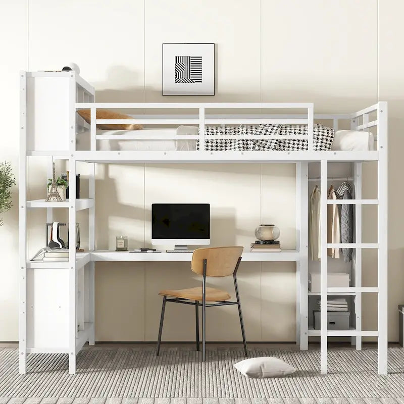 Letto a soppalco in metallo all-in-one con scrivania a L e armadio, struttura letto da camera con cubi portaoggetti, ripiani, spondine a tutta lunghezza