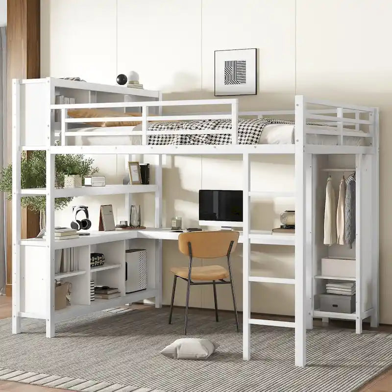 Letto a soppalco in metallo all-in-one con scrivania a L e armadio, struttura letto da camera con cubi portaoggetti, ripiani, spondine a tutta lunghezza