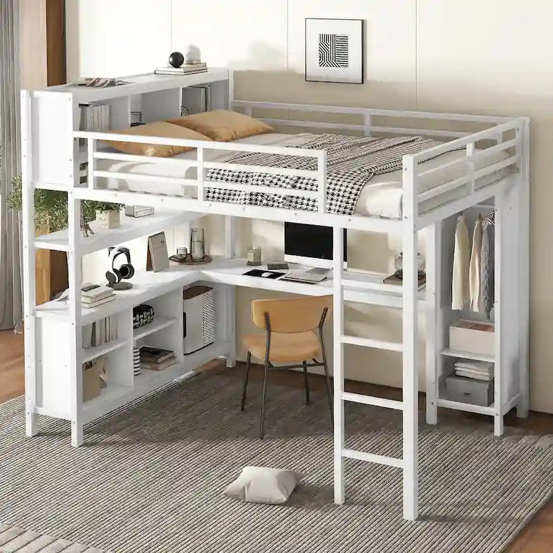 Letto a soppalco in metallo all-in-one con scrivania a L e armadio, struttura letto da camera con cubi portaoggetti, ripiani, spondine a tutta lunghezza