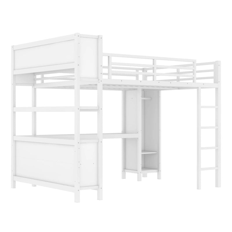 Letto a soppalco in metallo all-in-one con scrivania a L e armadio, struttura letto da camera con cubi portaoggetti, ripiani, spondine a tutta lunghezza