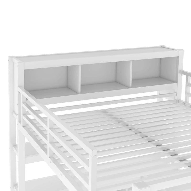 Letto a soppalco in metallo all-in-one con scrivania a L e armadio, struttura letto da camera con cubi portaoggetti, ripiani, spondine a tutta lunghezza