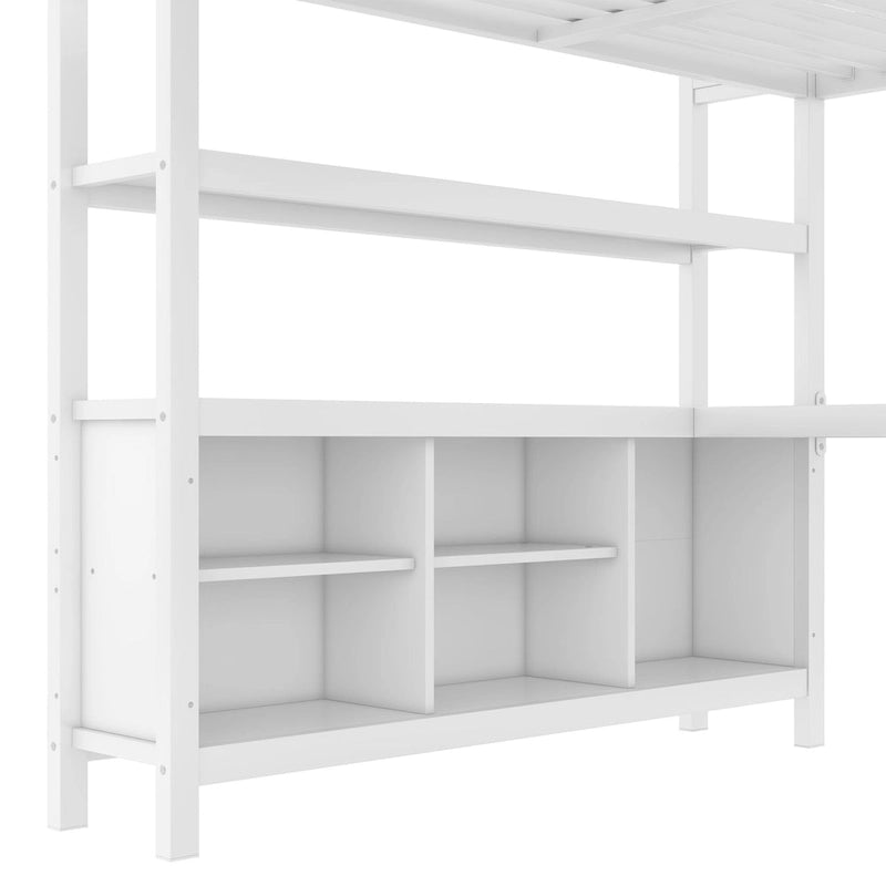 Letto a soppalco in metallo all-in-one con scrivania a L e armadio, struttura letto da camera con cubi portaoggetti, ripiani, spondine a tutta lunghezza