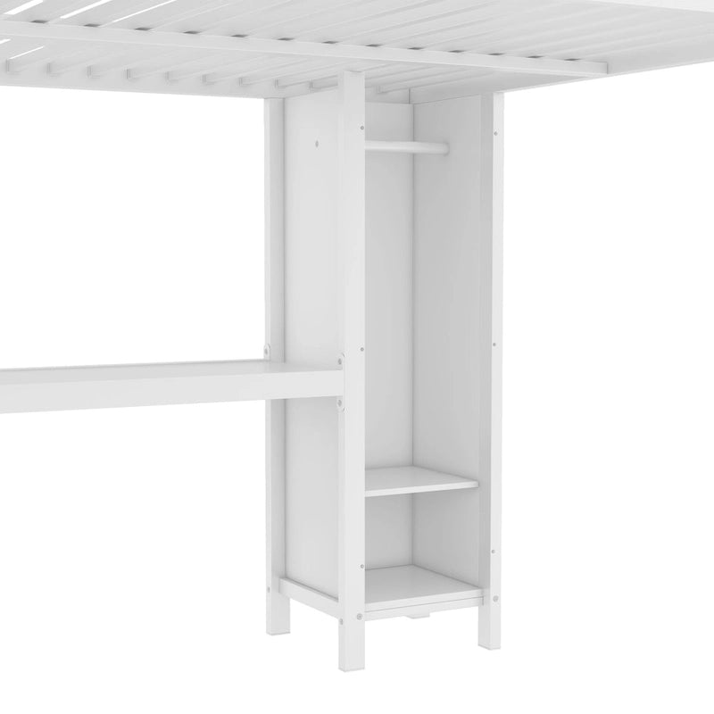 Letto a soppalco in metallo all-in-one con scrivania a L e armadio, struttura letto da camera con cubi portaoggetti, ripiani, spondine a tutta lunghezza