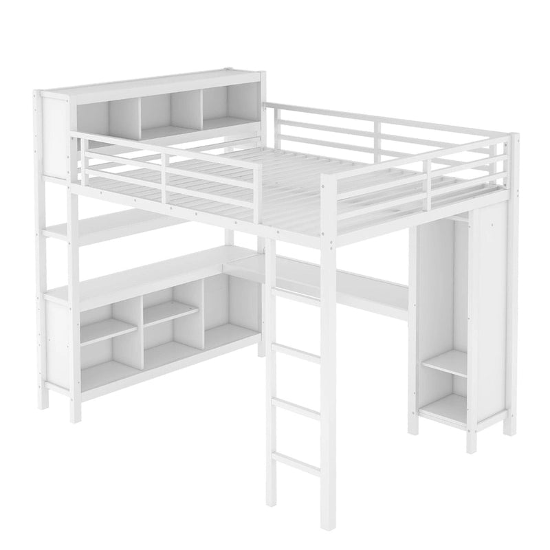 Letto a soppalco in metallo all-in-one con scrivania a L e armadio, struttura letto da camera con cubi portaoggetti, ripiani, spondine a tutta lunghezza