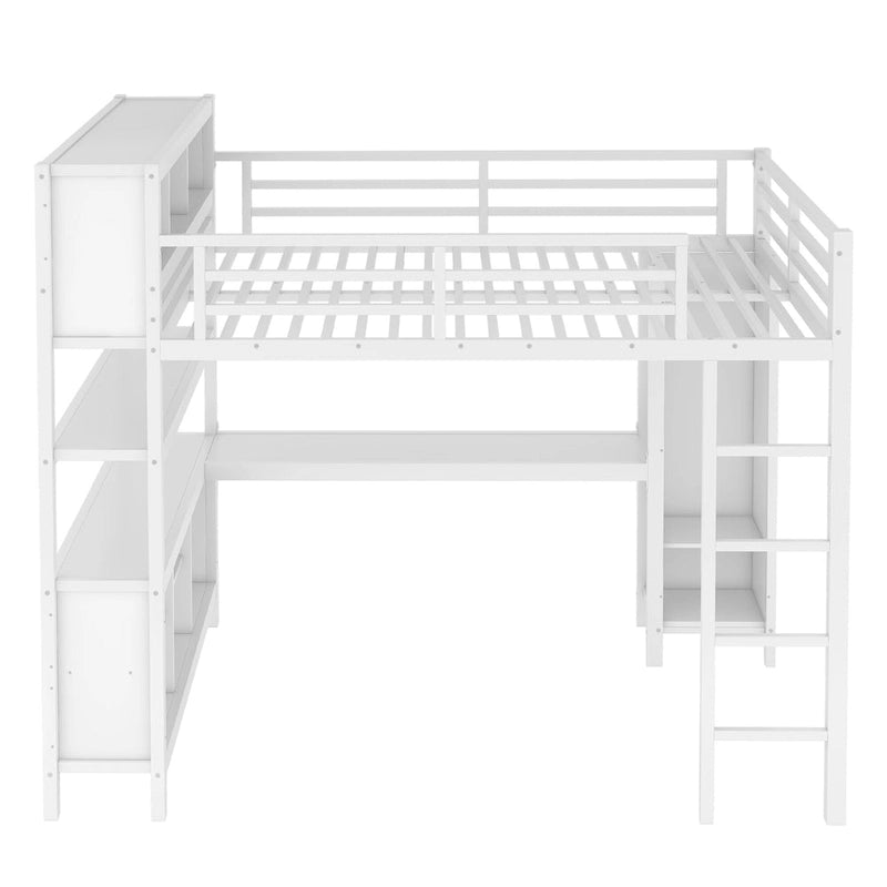 Letto a soppalco in metallo all-in-one con scrivania a L e armadio, struttura letto da camera con cubi portaoggetti, ripiani, spondine a tutta lunghezza