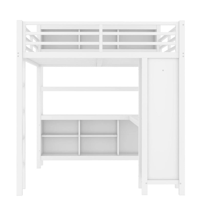 Letto a soppalco in metallo all-in-one con scrivania a L e armadio, struttura letto da camera con cubi portaoggetti, ripiani, spondine a tutta lunghezza