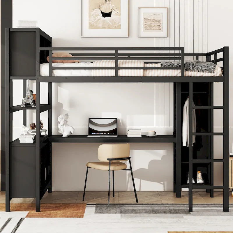 Letto a soppalco in metallo all-in-one con scrivania a L e armadio, struttura letto da camera con cubi portaoggetti, ripiani, spondine a tutta lunghezza