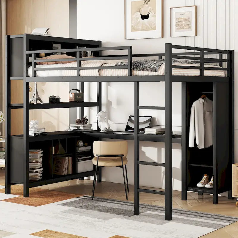 Letto a soppalco in metallo all-in-one con scrivania a L e armadio, struttura letto da camera con cubi portaoggetti, ripiani, spondine a tutta lunghezza